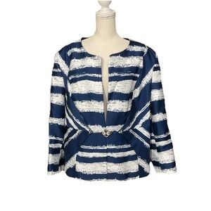 Giovanna Collection Blue White Striped Suit Dressy Jacket Rhinestone Clasp 22W